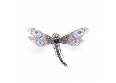 Enamel Sapphire Diamond Ruby Gold and Silver Dragonfly Brooch
