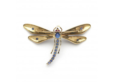 Enamel Sapphire Diamond Ruby Gold and Silver Dragonfly Brooch