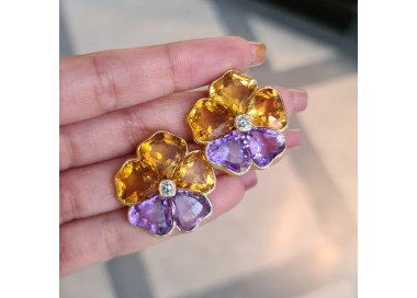 Amethyst Citrine Diamond and Gold Pansy Earrings