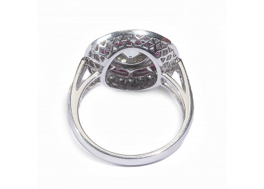 Modern Art Deco Style Ruby, Diamond and Platinum Target Cluster Ring, 0.45 Carats
