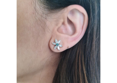 Modern Emerald Diamond and White Gold Flower Earrings