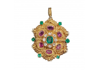19th Century Ruby Emerald Diamond and Gold Cannetille Brooch-Cum-Pendant, Circa 1875
