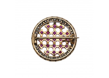 Antique Austrian Burma Ruby Diamond and Silver-Upon-Gold Chequerboard Brooch, Circa 1890