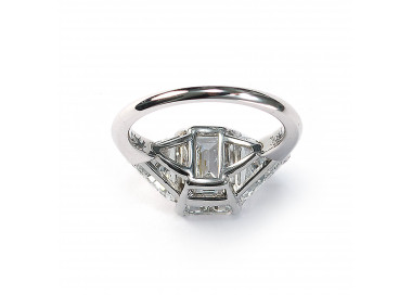 Modern Emerald Cut Diamond and Platinum Three Stone Ring, 3.15ct