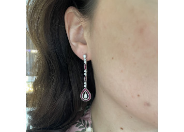 Art Deco Style Ruby Diamond and Platinum Drop Earrings modelled