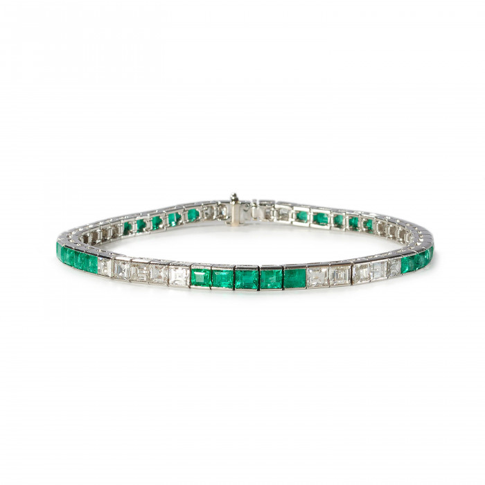 Emerald Diamond and Platinum Line Bracelet, Circa 2000