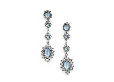 Aquamarine, Diamond and Platinum Cluster Drop Earrings