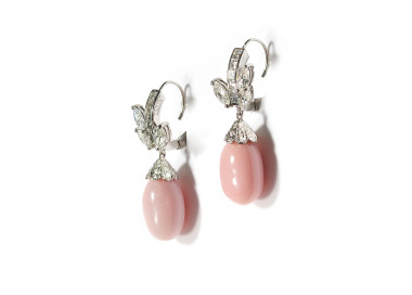 Conch Pearl, Diamond and Platinum Earrings