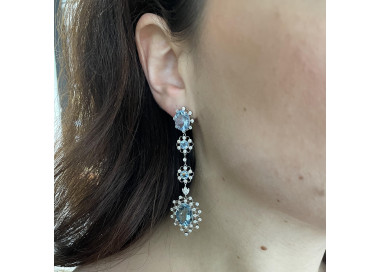 Aquamarine, Diamond and Platinum Cluster Drop Earrings, modelled