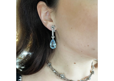 Vintage Aquamarine Diamond and White Gold Drop Earrings, Circa 1960, modelled