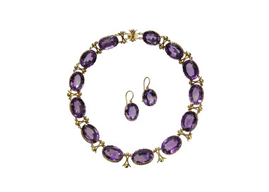 Antique Amethyst and Gold Riviére Necklace and Earrings Suite, Circa 1880