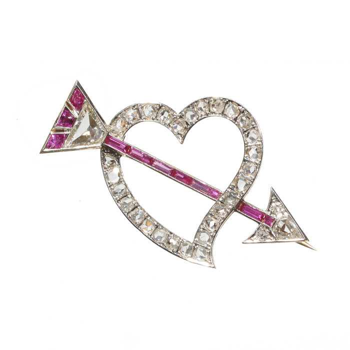 Antique Portuguese Diamond and Ruby Heart and Arrow Brooch, Circa 1930