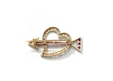 Antique Portuguese Diamond and Ruby Heart and Arrow Brooch, Circa 1930