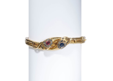 Antique Ruby, Sapphire, Diamond and Gold Double Headed Snake Bangle