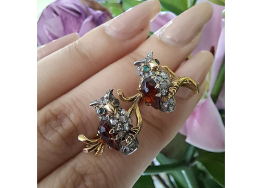Double Owl Diamond Hessonite Garnet Emerald Silver and Gold Brooch