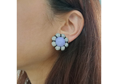 Modern Lavender Jade Black Onyx Diamond and  Platinum Flower Earrings