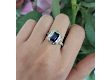 Sapphire, Diamond and Platinum Mitre Set Ring