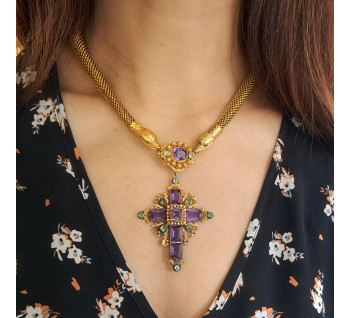 Georgian Cannetille Gold Snake Necklace with Amethyst and Emerald Cross Pendant, Circa 1830 modelled
