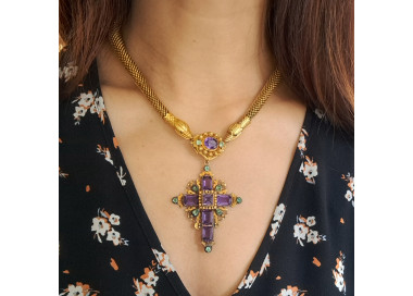 Georgian Cannetille Gold Snake Necklace with Amethyst and Emerald Cross Pendant, Circa 1830 modelled
