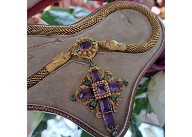 Georgian Cannetille Gold Snake Necklace with Amethyst and Emerald Cross Pendant, Circa 1830, in box
