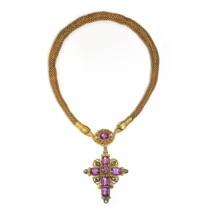 Georgian Cannetille Gold Snake Necklace with Amethyst and Emerald Cross Pendant, Circa 1830