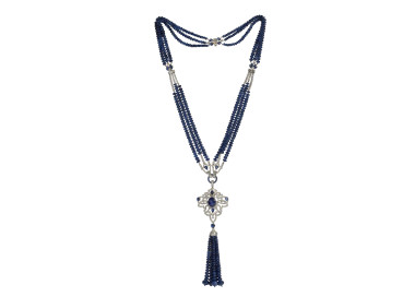 Modern Sapphire, Diamond and Platinum Tassel Pendant Necklace
