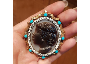 Sardonyx, Turquoise, Diamond, Enamel and Gold Cameo Pendant, Circa 1870, in hand