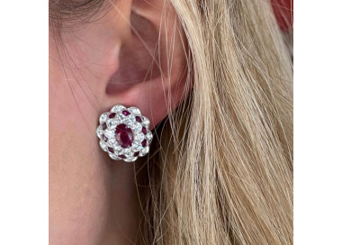 Ruby, Diamond and Platinum Cluster Earrings, 2.71ct modelled