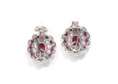 Ruby, Diamond and Platinum Cluster Earrings, 2.71ct