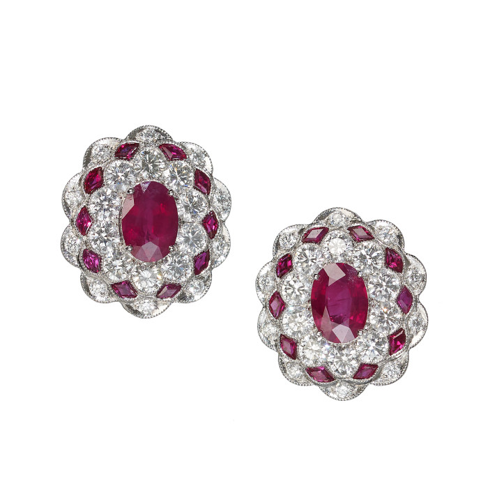 Ruby, Diamond and Platinum Cluster Earrings, 2.71ct