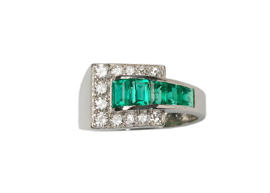 Vintage Tiffany & Co. Emerald Diamond and Platinum Tank Ring, Dated 1940
