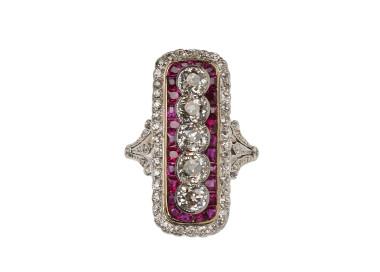 Art Deco Ruby Diamond Gold and Platinum Plaque Ring, Circa 1920