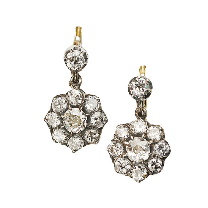 Diamond and Silver Upon Gold Cluster Earrings