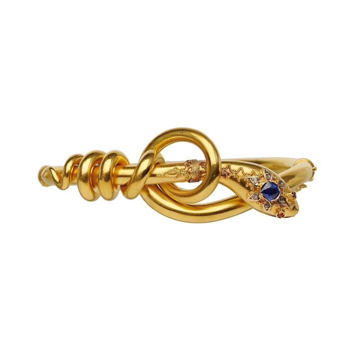 Victorian Sapphire Diamond Ruby and Gold Snake Bangle, Circa 1860