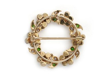 Antique Pearl, Diamond, Demantoid Garnet and Gold Wreath Brooch, Circa 1920