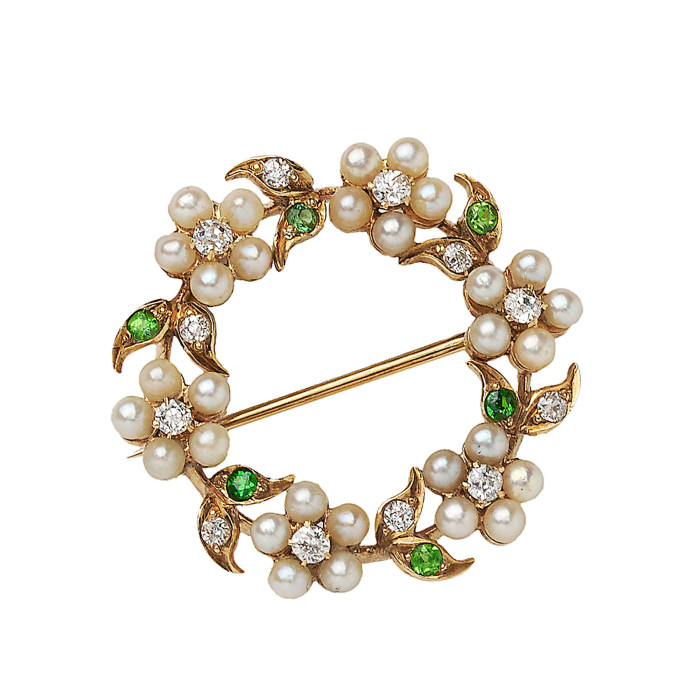 Antique Pearl Diamond Demantoid Garnet and Gold Wreath Brooch