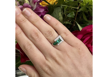 Vintage Tiffany & Co. Emerald Diamond and Platinum Tank Ring, Dated 1940 modelled