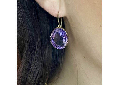 Antique Amethyst and Gold Drop Earrings, 33.88 Carats, Circa 1880 modelled