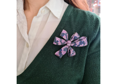 Moira Design Pink and Blue Sapphire Bow Brooch modelled