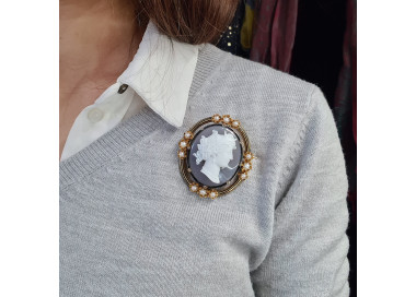 French Antique Sardonyx, Pearl, Enamel and Gold Cameo Brooch modelled