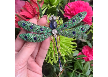 Moira Green Garnet, Diamond, Sapphire, Silver and Gold Dragonfly Brooch