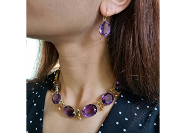 Antique Amethyst and Gold Riviére Necklace and Earrings Suite, Circa 1880 modelled