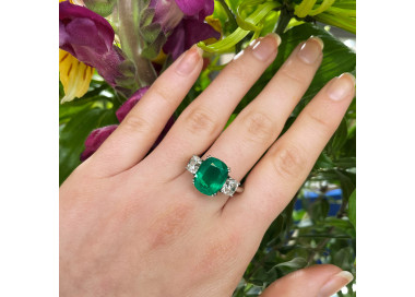 Cushion Emerald and Diamond Three Stone Ring, 5.18ct