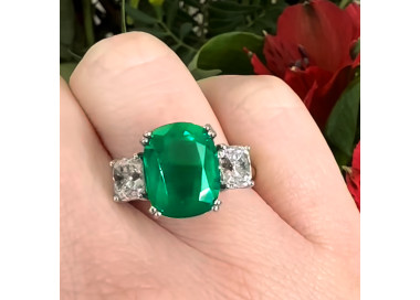Cushion Emerald and Diamond Three Stone Ring, 5.18ct
