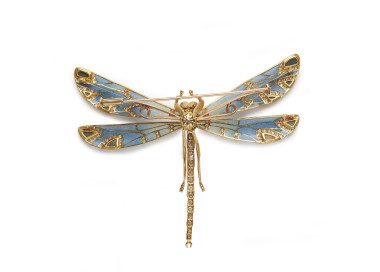 Modern Plique à Jour Enamel, Opal, Diamond and Gold Dragonfly Brooch
