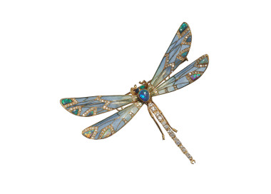 Modern Plique à Jour Enamel, Opal, Diamond and Gold Dragonfly Brooch