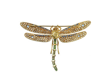 Modern Emerald, Diamond, Sapphire, and Gold Dragonfly Brooch