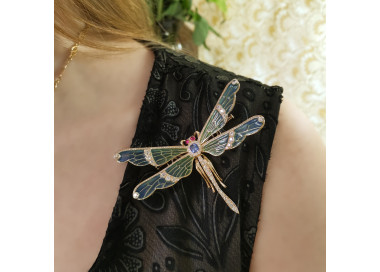 Modern Plique à Jour Enamel, Diamond, Sapphire, Ruby and Gold Dragonfly Brooch, modelled