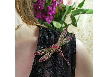 Modern Plique à Jour Enamel, Ruby, Diamond, Sapphire and Gold Dragonfly Brooch, modelled