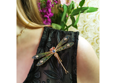 Modern Plique à Jour Enamel, Diamond, Sapphire, Ruby and Gold Dragonfly Brooch, modelled